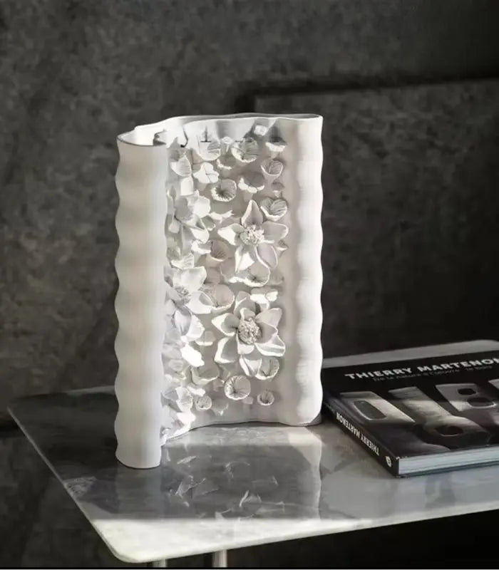 Floral Relief Ceramic Vase – Handcrafted Botanical Sculpture White