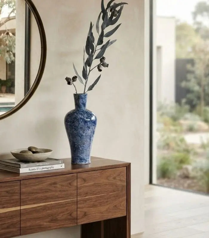 Celestine Hand-Painted Porcelain Vase | Blue Marbled Ceramic Decor 38 cm / 15 in