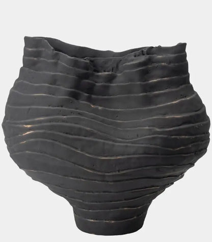 Nairi Large Handmade Ceramic Vase – Matte Black Ridged Sculptural Vessel, Table or Floor