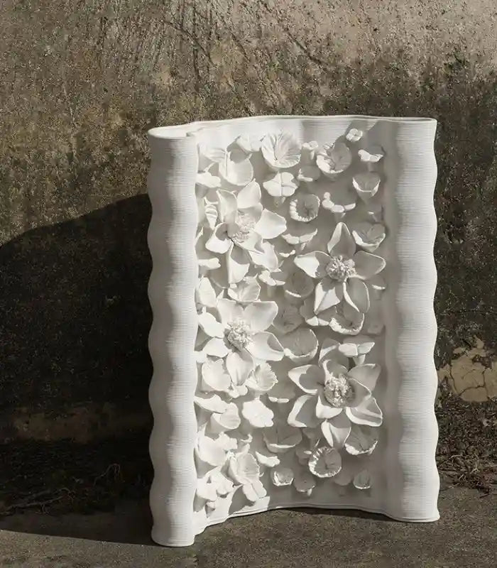 Floral Relief Ceramic Vase – Handcrafted Botanical Sculpture White