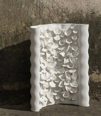 Floral Relief Ceramic Vase – Handcrafted Botanical Sculpture White