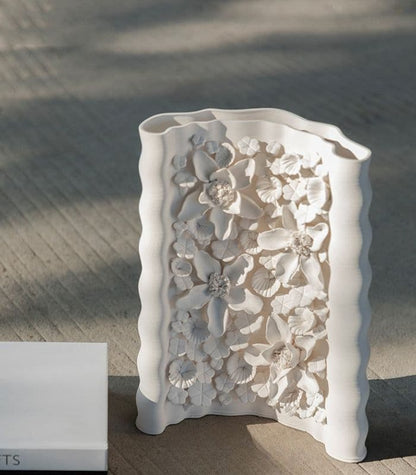 Floral Relief Ceramic Vase – Handcrafted Botanical Sculpture White