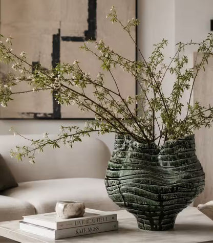 Nairi Large Handmade Ceramic Vase – Mottled Green Ridged Sculptural Vessel, Table or Floor