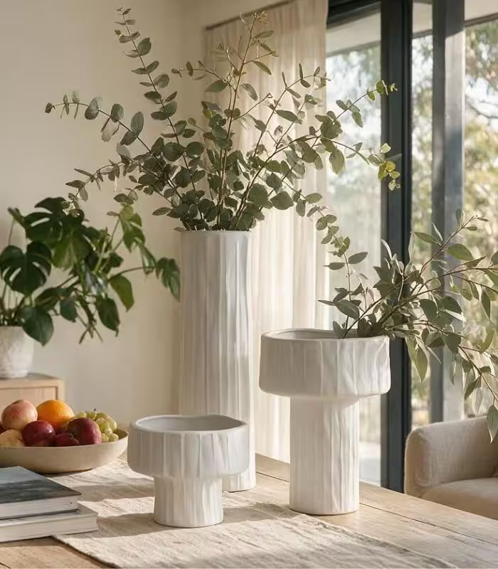 Sylvan Tall Ceramic Vase – White Textured Bark-Effect Cylinder 40 cm / 15.7 in