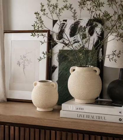 Perugia Textured Ceramic Vase – Woven-Effect Amphora with Handles, 2 Sizes