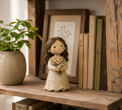 Ceramic Girl with Flower Bouquet Figurine