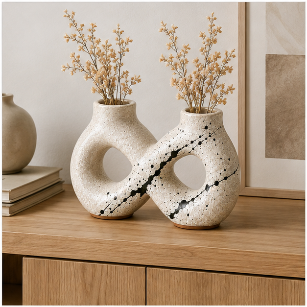 Cream Double-Neck Infinity Vase with Black Splatter