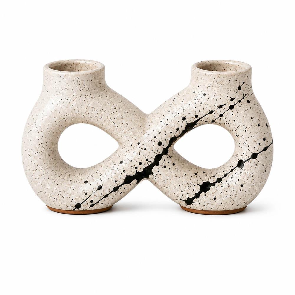 Cream Double-Neck Infinity Vase with Black Splatter