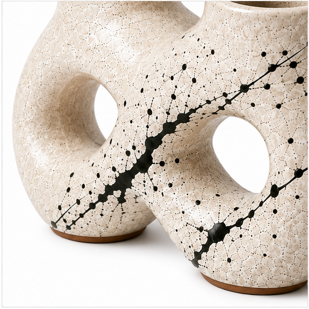 Cream Double-Neck Infinity Vase with Black Splatter