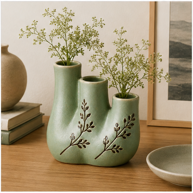 Sage Green Triple-Stem Botanical Vase