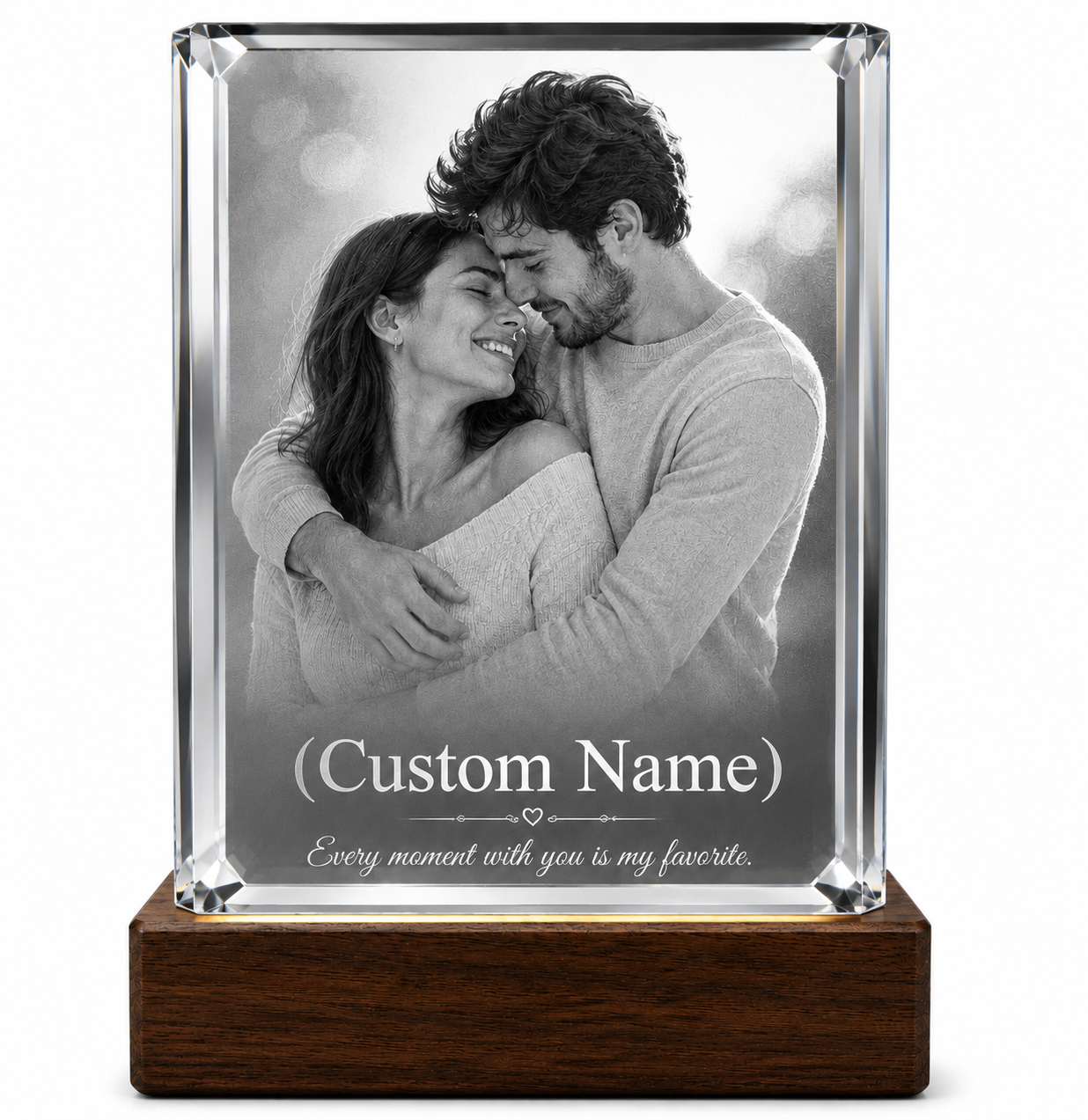 Personalized Crystal Photo Plaque with Wooden LED Base – Custom Engraved Glass Keepsake Gift