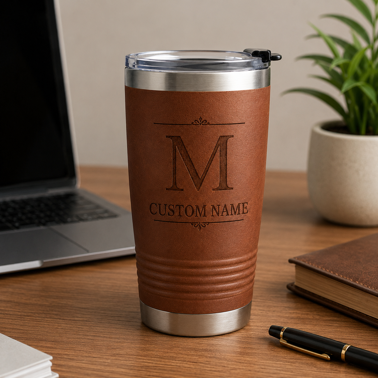 Personalized Engraved Leather Travel Tumbler – Custom Monogram Stainless Steel Insulated Coffee Cup - Image 3
