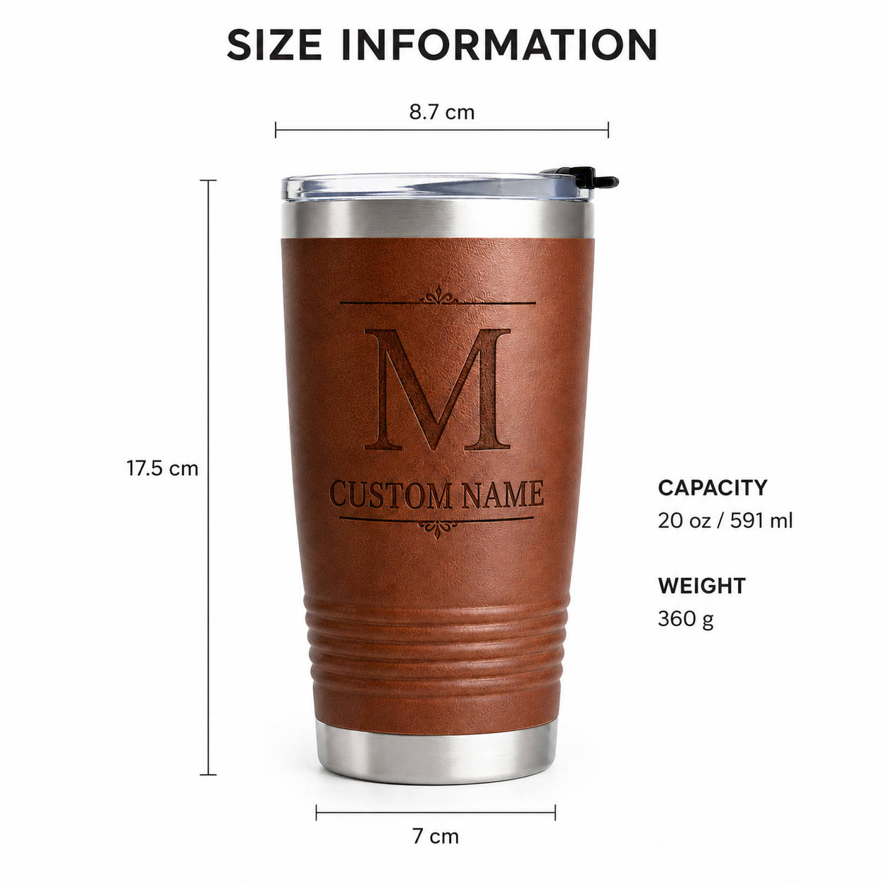 Personalized Engraved Leather Travel Tumbler – Custom Monogram Stainless Steel Insulated Coffee Cup - Image 4