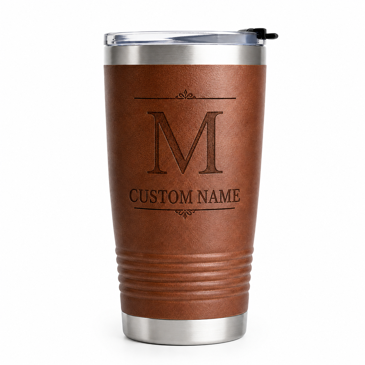 Personalized Engraved Leather Travel Tumbler – Custom Monogram Stainless Steel Insulated Coffee Cup