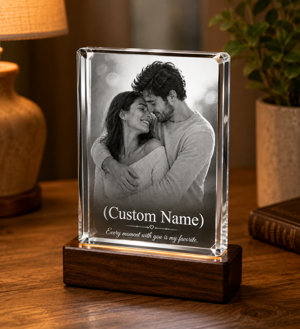 Personalized Crystal Photo Plaque with Wooden LED Base – Custom Engraved Glass Keepsake Gift - Image 3