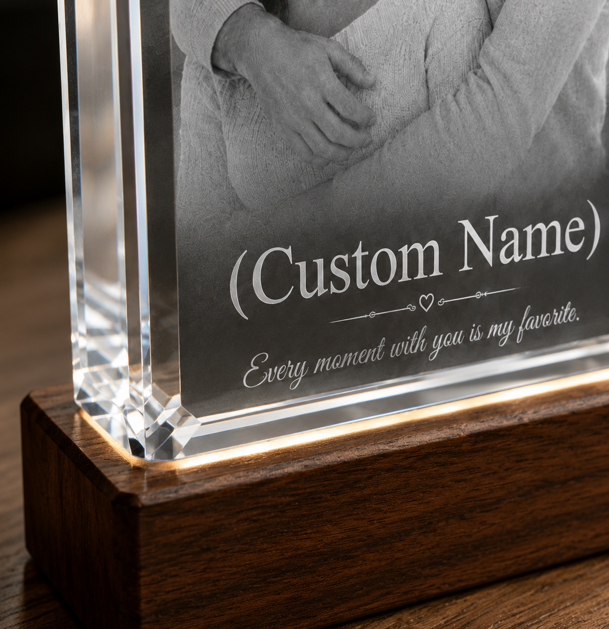 Personalized Crystal Photo Plaque with Wooden LED Base – Custom Engraved Glass Keepsake Gift - Image 2
