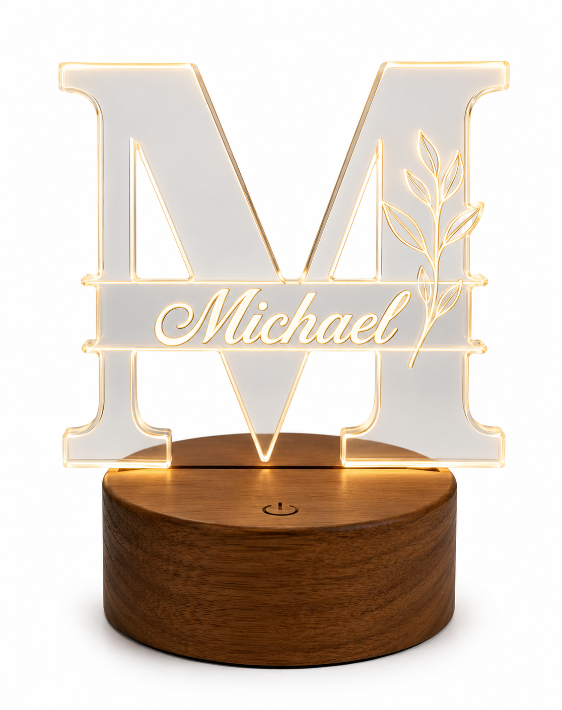 Personalized Acrylic Initial LED Night Light – Custom Monogram Name Lamp with Wooden Base