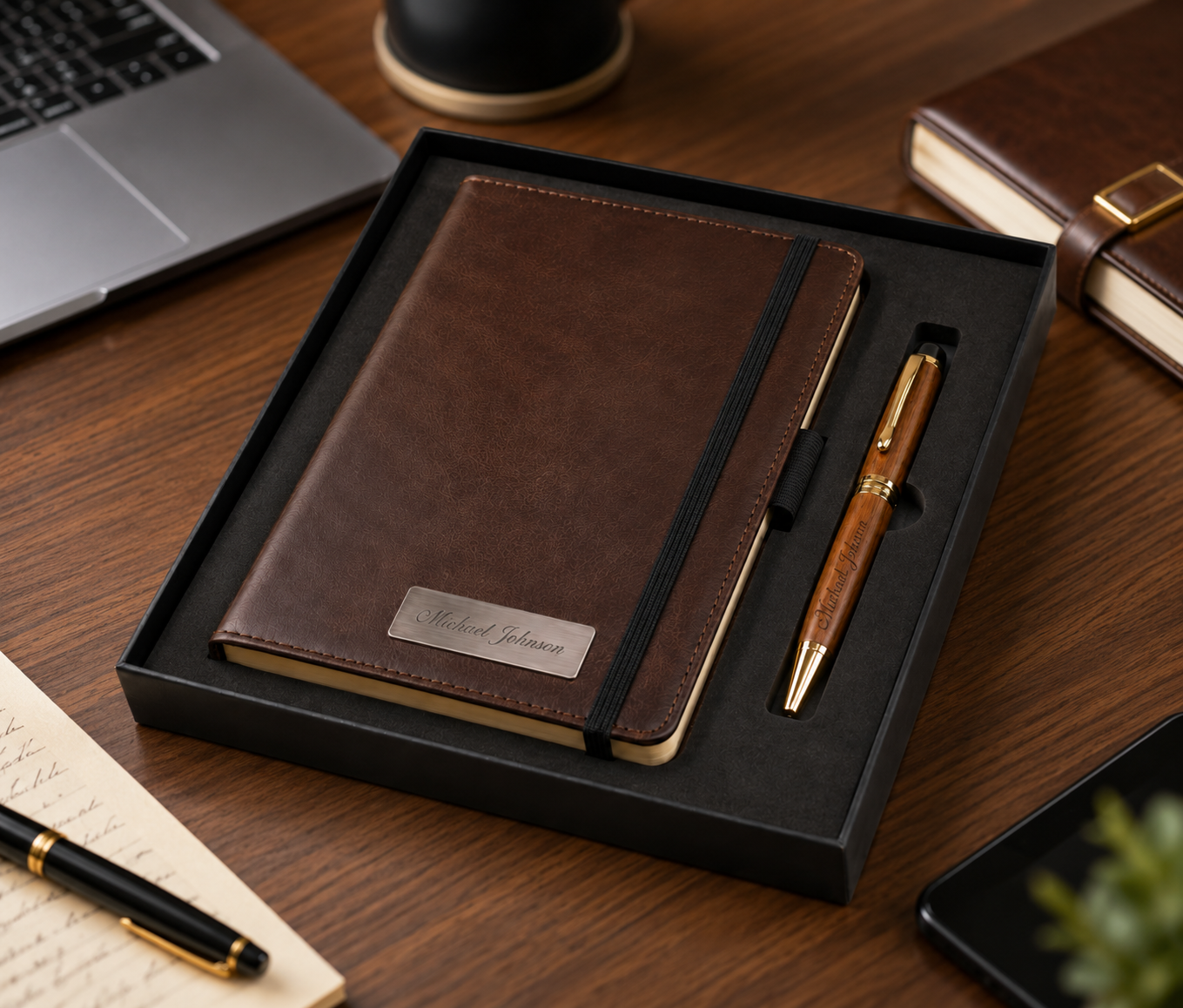Personalized Leather Journal & Pen Gift Set – Custom Engraved Executive Notebook Gift Box - Image 3