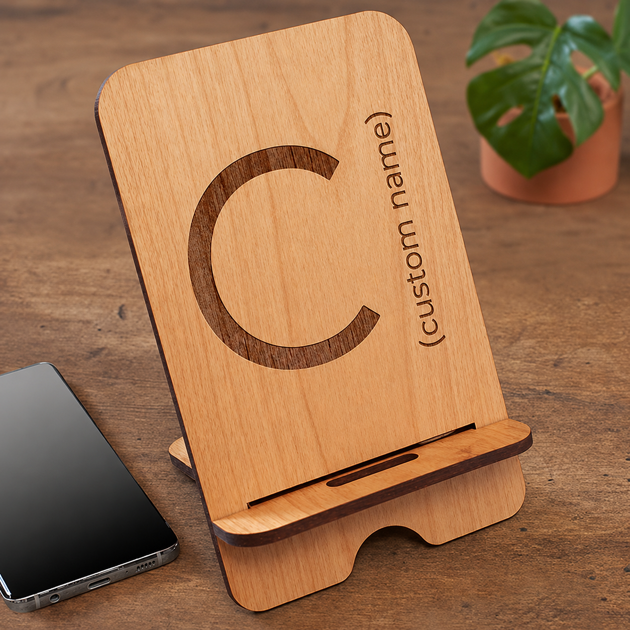 Personalized Wooden Phone Stand – Custom Engraved Desk Phone Holder with Monogram Name - Image 3